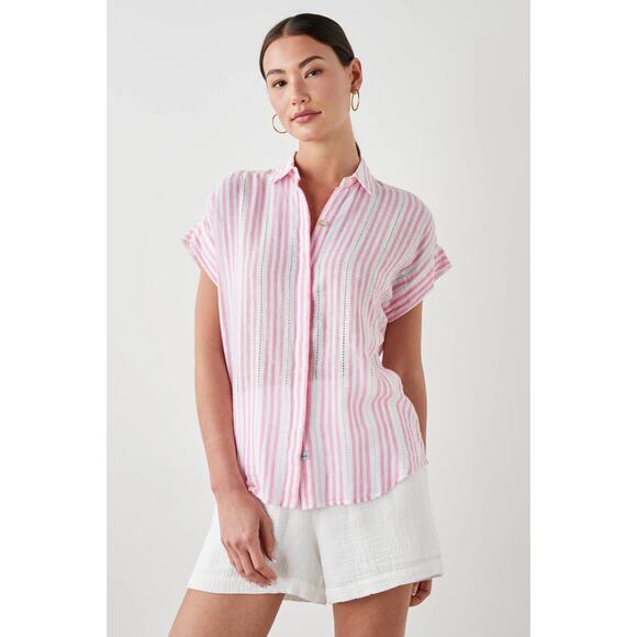 Rails Jamie Kokomo Pink White Striped Linen Short Sleeve Button Up Shirt Size L - Picture 1 of 5